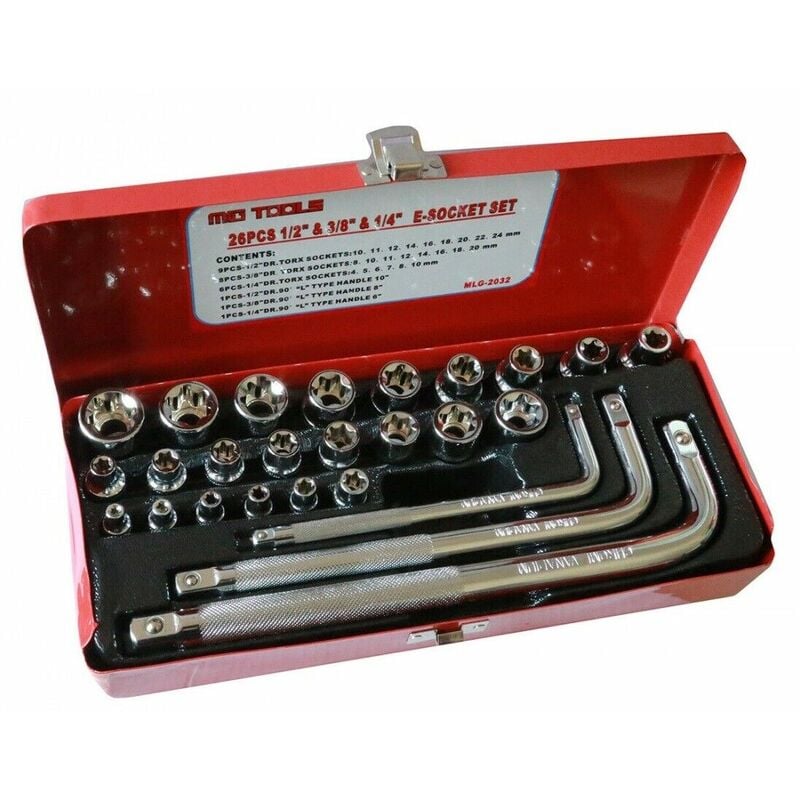 foto del prodotto 26 chiavi bussole torx femmina e4 e24 prolunghe attacco 1 2 1 4 3 8 