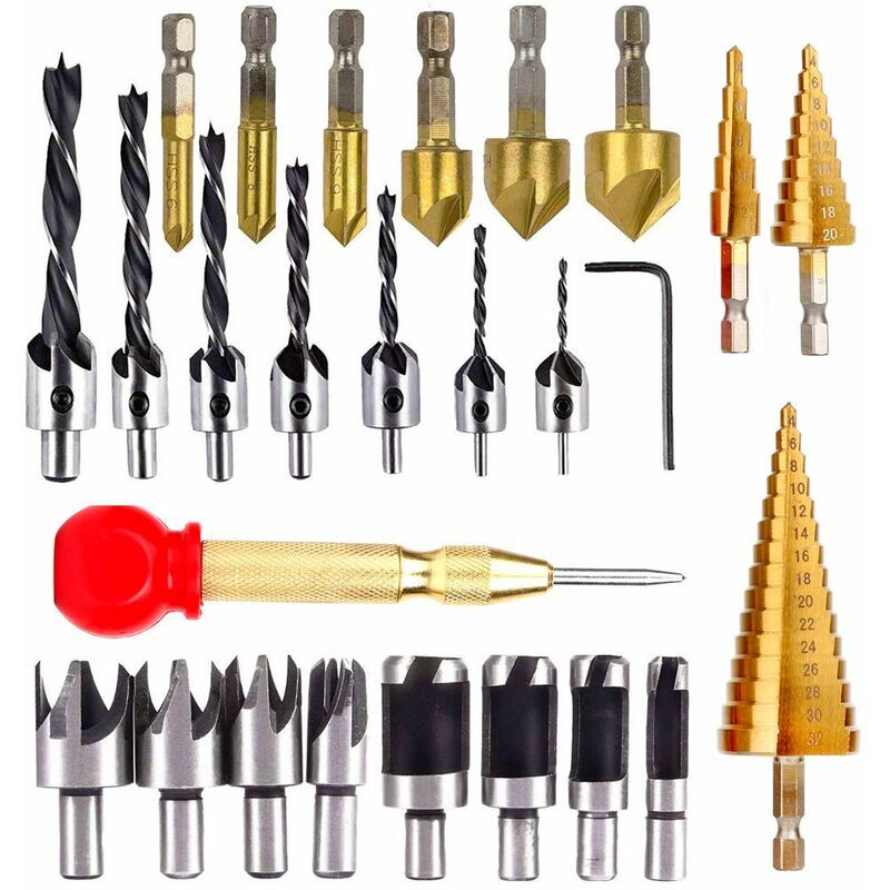 foto del prodotto 26 utensili per la perforazione del legno, incluse 6 punte per svasatore, 7 punte per trapano a tre punte con chiave a l, 8 frese per tasselli per