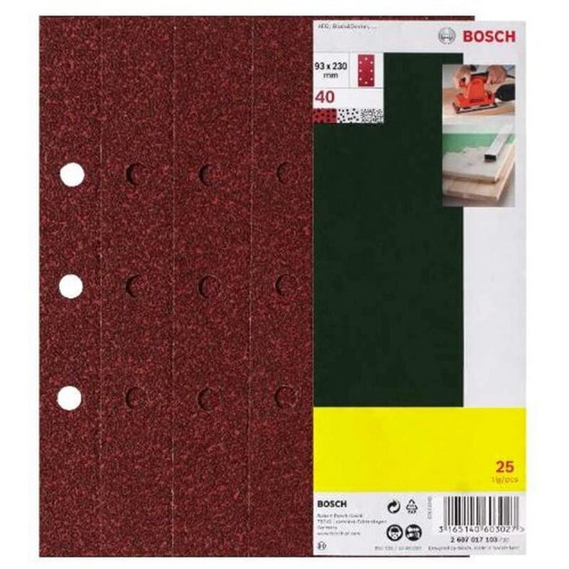 foto del prodotto 2607017097 25 fogli abrasivi orbitale, grana 40, 93 x 230 mm, 8 fori bosch