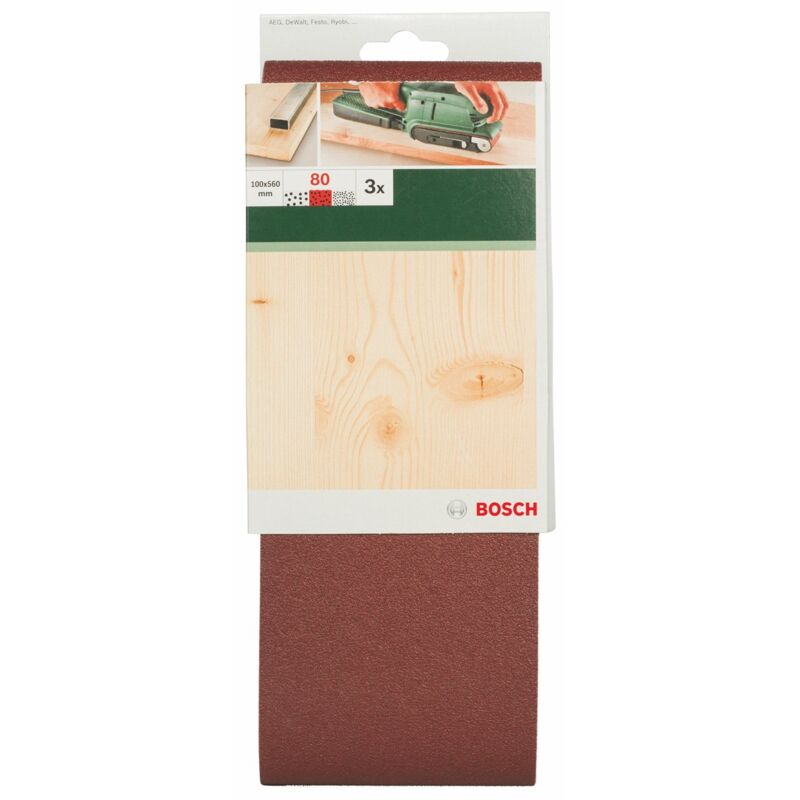 foto del prodotto 2609256223 nastri abrasivi per smerigliatrici a nastro, qualit rossa, 100 x 560, grana 80, confezione da 3 bosch