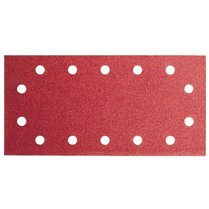 foto del prodotto 2609256b21 fogli abrasivi per smerigliatrici a vibrazione, 115 x 230, sistema di fissaggio automatico, 14 fori, grana 80, lotto di 10 fogli bosch