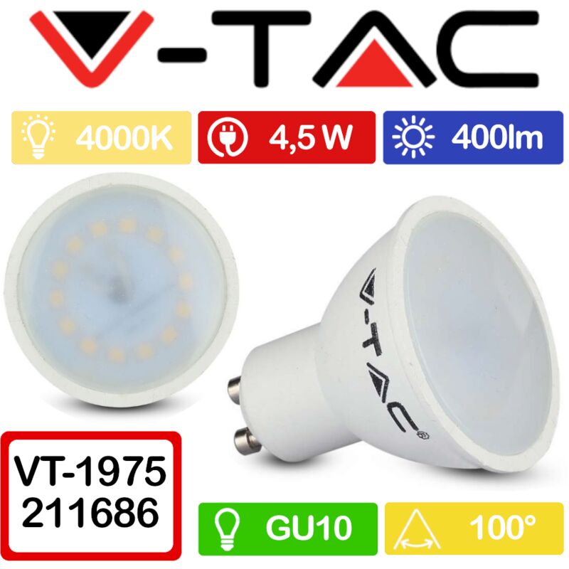 foto del prodotto vt 1975 faretto led gu10 4,5w 100 copertura satinata bianco naturale 4000k v tac