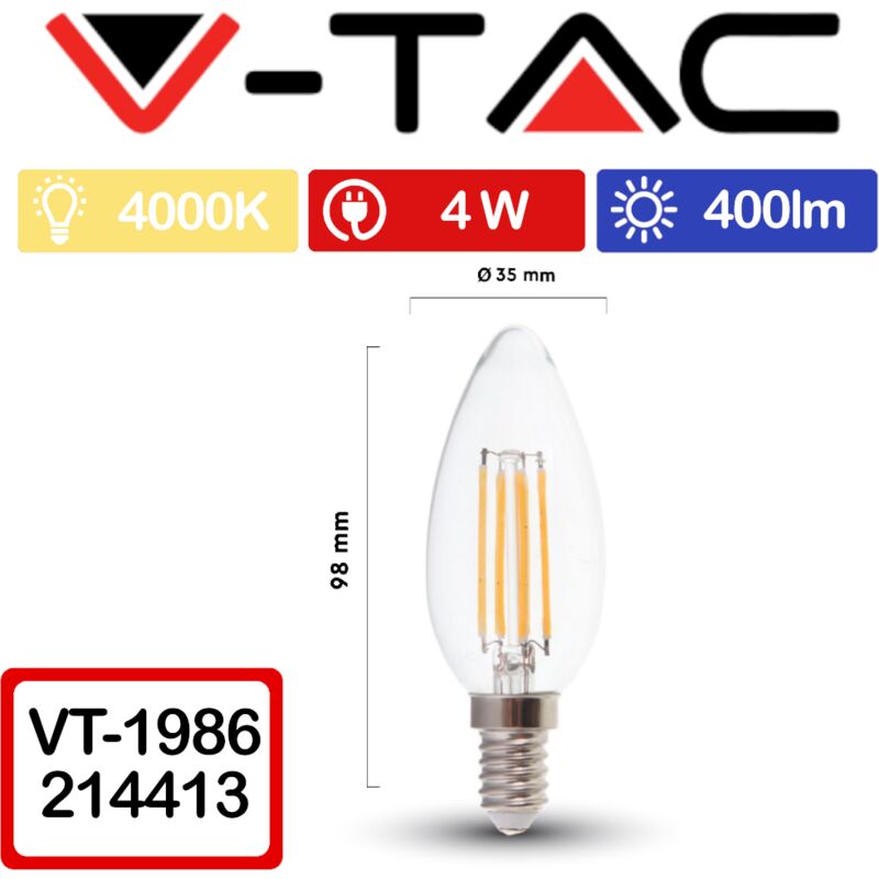 foto del prodotto vt 1986 lampadina led e14 4w candela filamento bianco naturale 4000k v tac