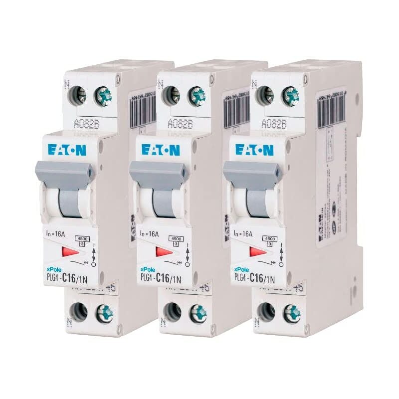 foto del prodotto 264746 plg4 c16 1n disjonttore modulare ph n bianco manetta grigio 1p n 16a curva c connessione a vite 3 interruttori eaton