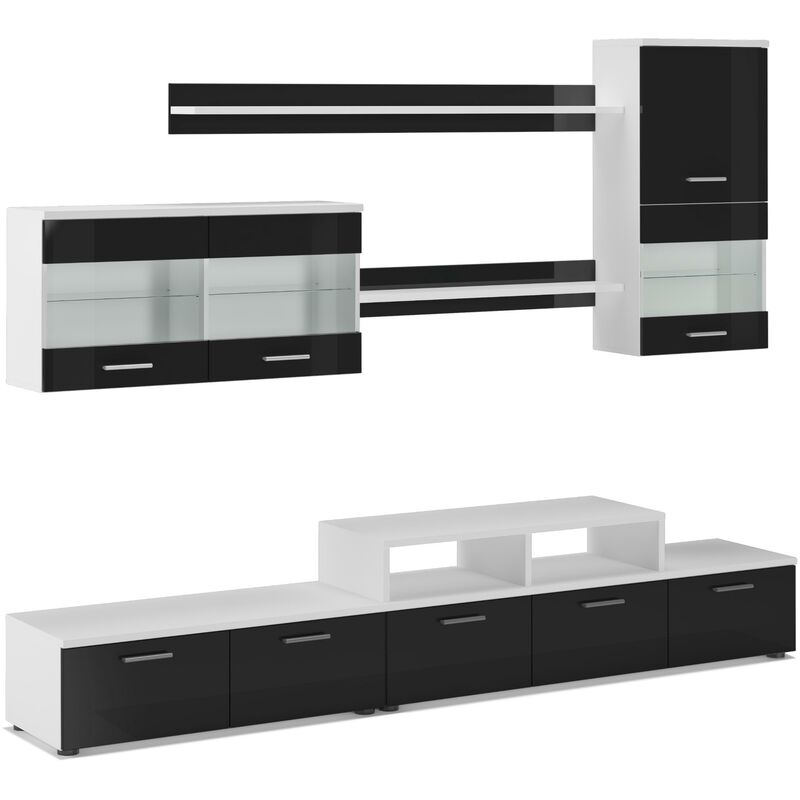 foto del prodotto skraut home mobili tv parete da soggiorno e pranzo contemporaneo con illuminazione a led, bianco mate e nero laccato, dimensioni 250 x 194 x 42 cm