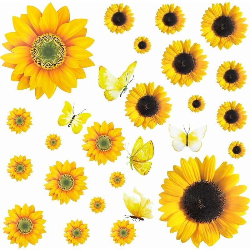foto del prodotto 27 pezzi adesivi murali girasole fiori gialli rimovibili adesivi impermeabili 3d farfalla floreale decalcomania murale decorazione fai da te per