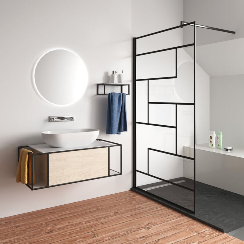 foto del prodotto aica italy walk in parete per doccia vetro temperato 8mm anticalcare serigrafato nero con riquadri barra stabilizzatrice da 90cm nero opaco