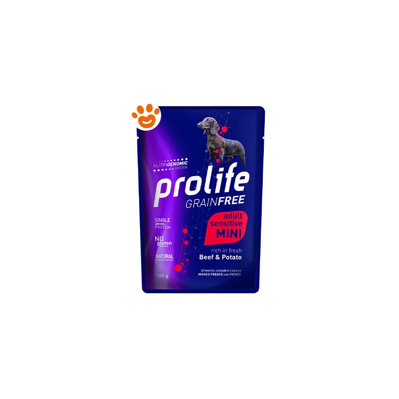 foto del prodotto dog grainfree sensitive adult mini manzo e patate dog grainfree sensitive adult mini manzo e patate bustina da 100 gr prolife