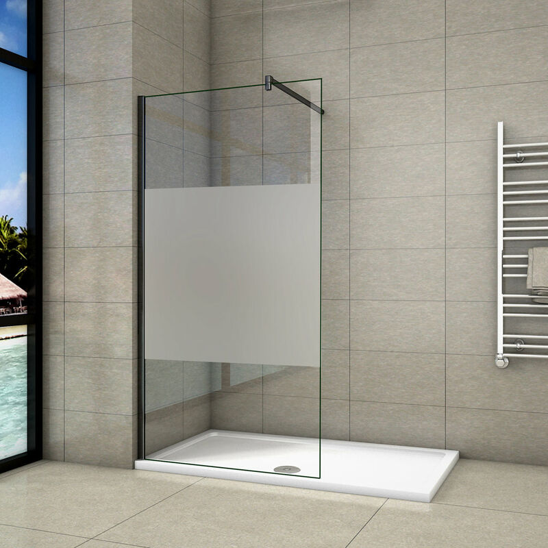 foto del prodotto aica italy walk in parete per doccia 85x200 cm vetro temperato anti frantumi anticalcare 8mm striscia satinata opaca barra stabilizzatrice da 90 cm