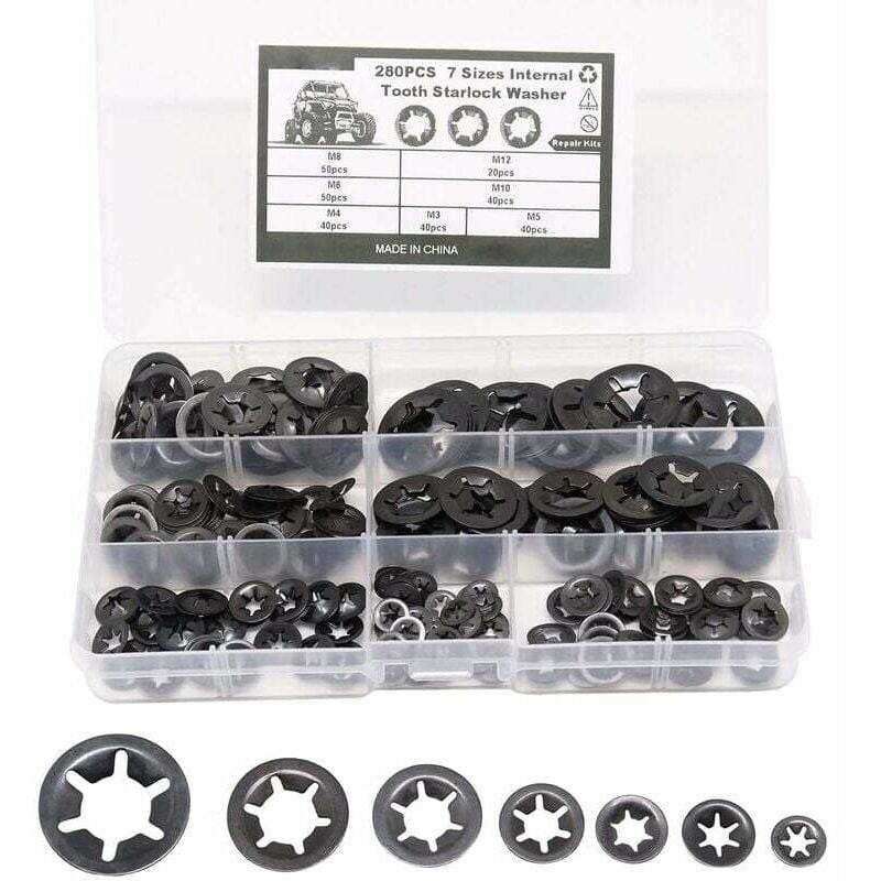 foto del prodotto 280 pezzi rondelle elastiche, rondelle elastiche in acciaio, rondelle elastiche a serraggio rapido m3 m4 m5 m6 m8 m10 m12, 7 misure, nero