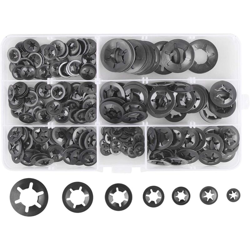 foto del prodotto 280 pezzi rondelle elastiche, rondelle elastiche in acciaio, rondelle elastiche a serraggio rapido m3 m4 m5 m6 m8 m10 m12, 7 misure, nero sollbry