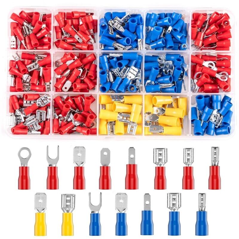 foto del prodotto 280 pi ces 15 types cosses electriques a sertir connecteurs avec douilles isolantes, anneau plates fourches cosses et kits avec coffret