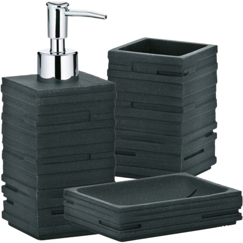 foto del prodotto 285100 set bagno con dispenser portasapone, portaspazzolino e portasaponetta, accessori in resina effetto pietra naturale grigio antracite, 3 pezzi