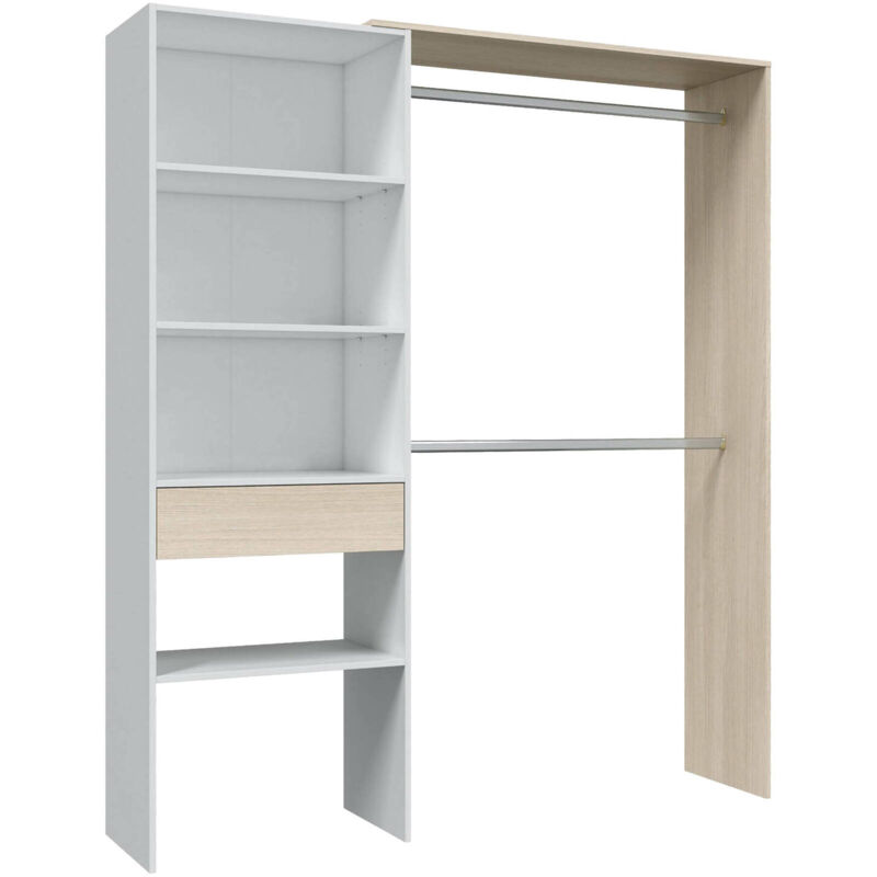 foto del prodotto guardaroba miramar, struttura per cabina armadio, armadio aperto senza ante, cabina armadio, cm 158x40h187, bianco e rovere, con imballo rinforzato