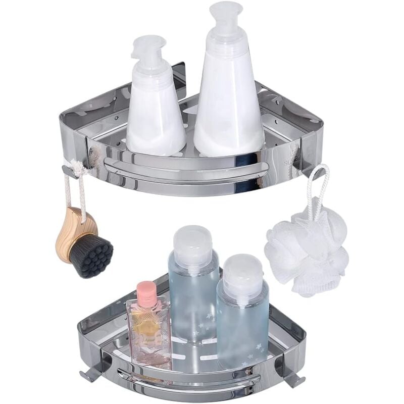 foto del prodotto 2packs glue bathroom shelf no drilling, 304 stainless steel aluminum shower caddy, shower organizer storage basket for shampoo