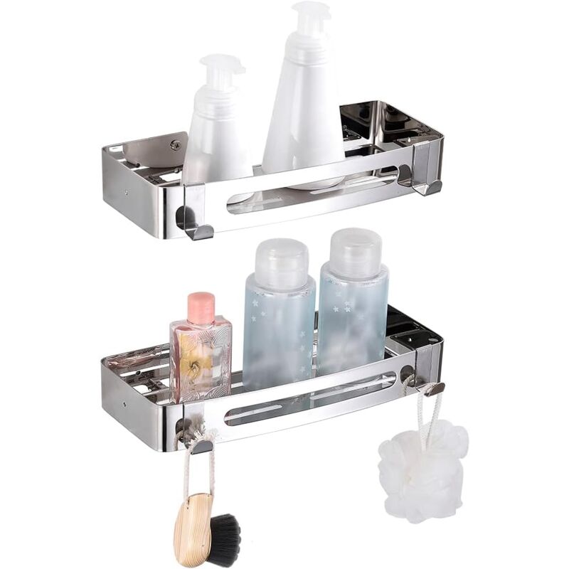 foto del prodotto 2packs glue bathroom shelf no drilling, 304 stainless steel shower caddy, shampoo shower organizer storage basket rectangle 