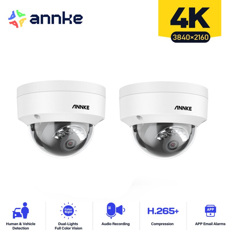 foto del prodotto 2pcs 4k telecamera dome di sorveglianza interni esterni rilevamento persone veicoli, accesso remoto visione notturna acolori annke