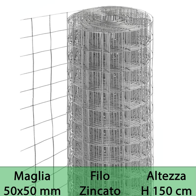 foto del prodotto 2pz rete per recinzione zincata altezza h 150 cm maglia elettrosaldata 50x50 mm filo 1,8 mm lughezza rotolo da 25 mt per recinzione grigio