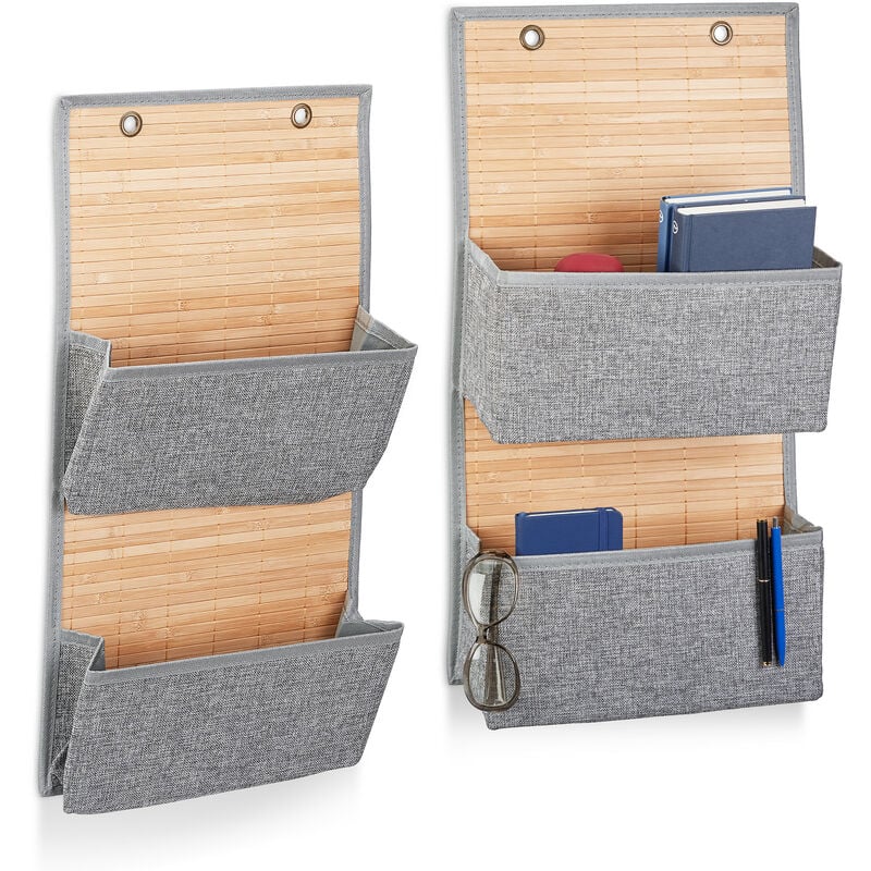 foto del prodotto 2x 10021796 tasca portaoggetti da parete, bagno e corridoio, organizer per guardaroba, bamb e tessuto, grigio