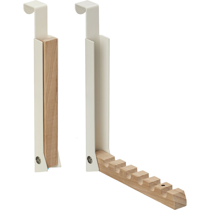 foto del prodotto 2x appendiabiti pieghevole da porta, 6 ganci per grucce, appendino per porte spesse 2 cm, ferro e legno, crema