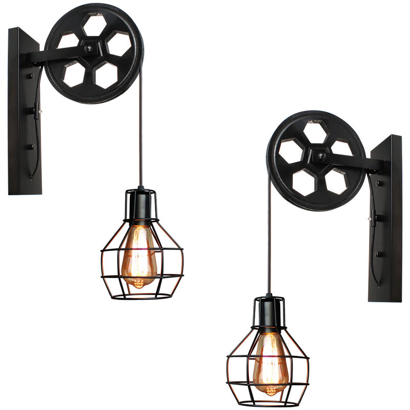 foto del prodotto 2x applique, lampada da parete in ferro industriale stile, creativo illuminazione puleggia edison e27 per cucina isaland camera da letto nero 