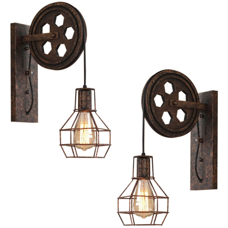 foto del prodotto 2x applique, lampada da parete in ferro industriale stile, creativo illuminazione puleggia edison e27 per cucina isaland camera da letto ruggine 