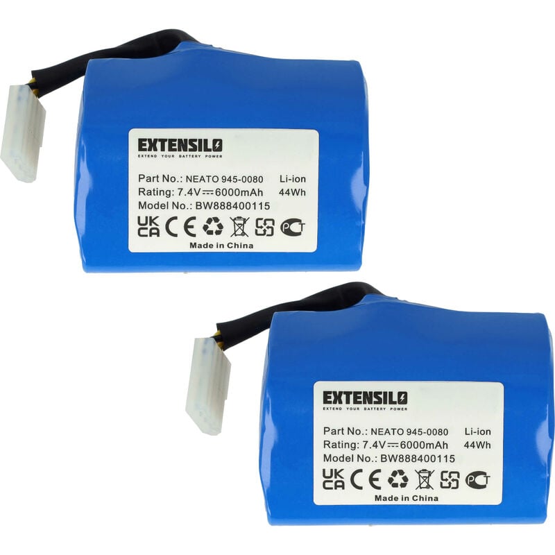 foto del prodotto 2x batteria compatibile con neato xv 15, xv 21, xv 14 attrezzo da lavoro, aspirapolvere, robot aspirapolvere 6000 mah, li ion, 7,4 v extensilo