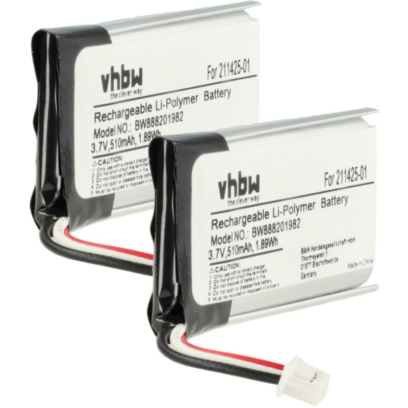 foto del prodotto 2x batteria sostituisce plantronics 211425 01, 202555 01 per auricolari cuffie wireless 510mah, 3,7v, li poly vhbw