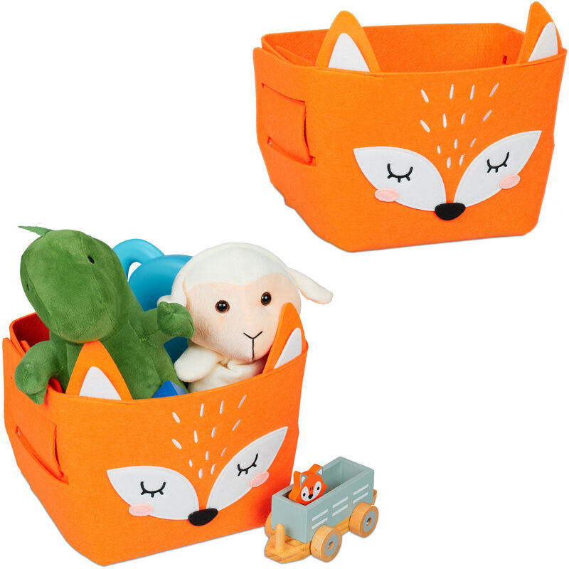 foto del prodotto 2x box portagiocattoli, cesta portaoggetti, feltro, hlp 24x27x18 cm, design con volpe, camera bambini, arancione