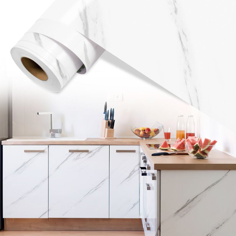 foto del prodotto 2x carta adesiva per mobili 61 cm x 500 cm carta da parati autoadesiva pellicola impermeabile per banconi cucina bagno marmo bianco
