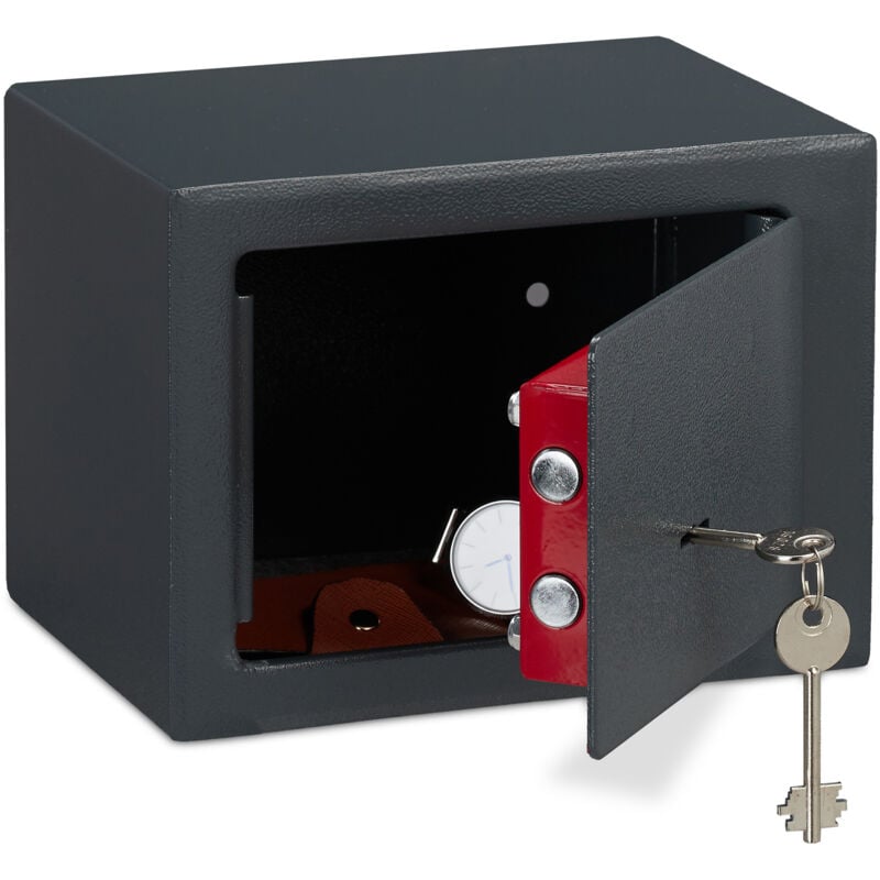 foto del prodotto 2x cassaforte mobile con chiave, serratura doppia, a parete o a pavimento, mini safe,hlp 17x23x17, grigio scuro