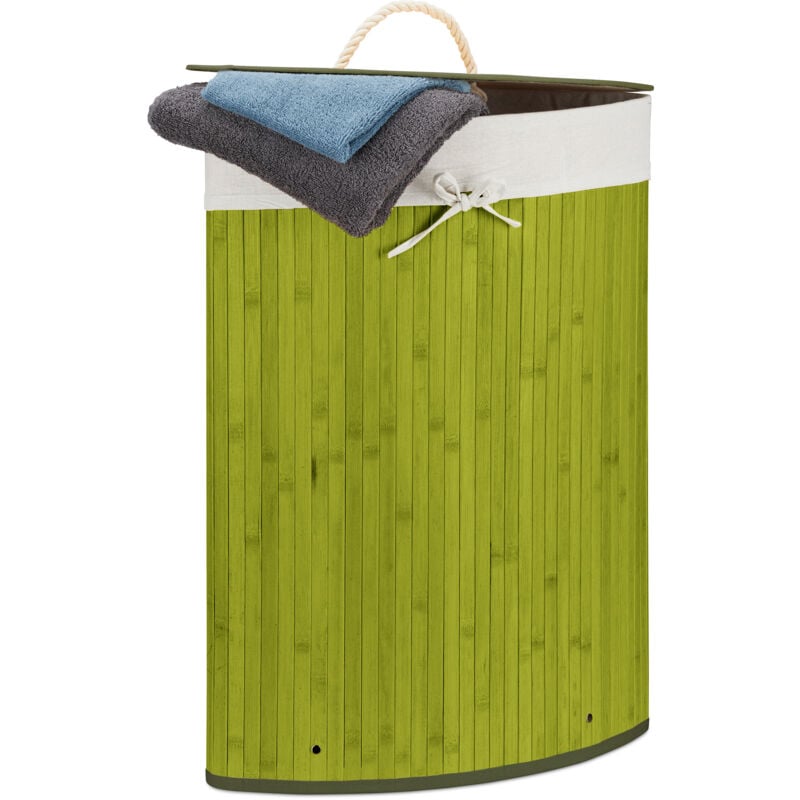 foto del prodotto 2x cesta porta biancheria angolare in bamb , 60 l, pieghevole, con coperchio, sacco, 65,5x49,5x37 cm, verde