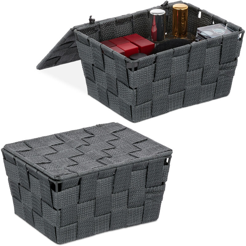 foto del prodotto 2x cestini con coperchio, portaoggetti da bagno, pp intrecciato, hlp 10,5 x 19,5 x 14,5 cm, grigio