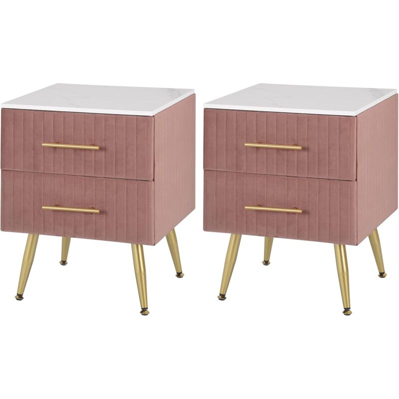 foto del prodotto 2x comodini in velluto con 2 cassetti. organizzatore da letto. cassettiera in legno. gambe in metallo. bianco e rosa woltu