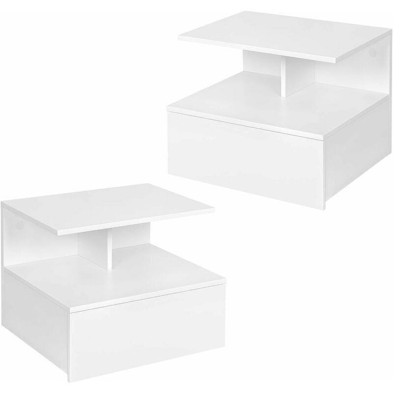 foto del prodotto 2x comodini sospesi in legno con 1 cassetto e 1 scomparto aperto, bianco - woltu