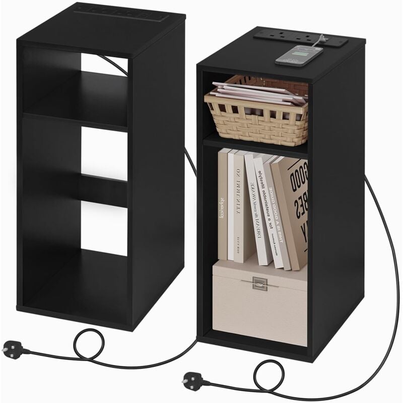 foto del prodotto 2x comodino con prese di ricarica, 2 porte usb, 2 prese, 2 scomparti aperti, tavolino portaoggetti, nero woltu