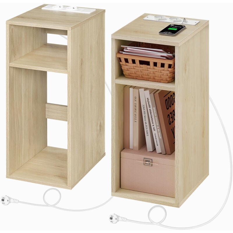foto del prodotto 2x comodino con prese di ricarica, 2 porte usb, 2 prese, 2 scomparti aperti, tavolino portaoggetti, rovere chiaro woltu