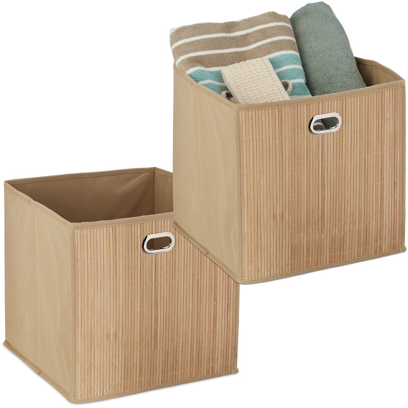 foto del prodotto 2x contenitore portaoggetti in bamb , scatola alta da bagno, quadrata, hlp 31 x 31 x 31 cm, pieghevole, naturale