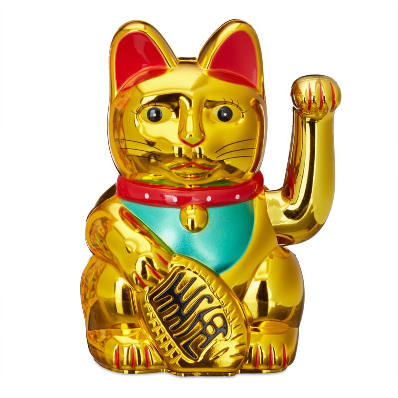 foto del prodotto 2x gatto cinese portafortuna con zampa mobile, a batteria, maneki neko, talismano successo ricchezza, 16cm, oro