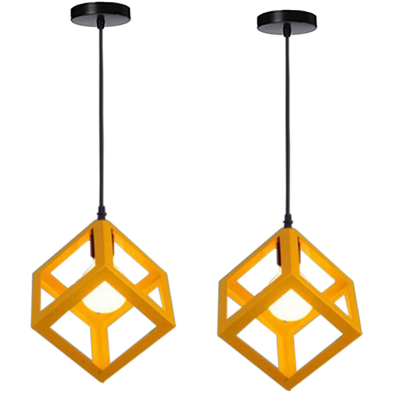 foto del prodotto 2x lampada a sospensione, creativo lampada da soffitto in ferro, illuminazione con cubo gabbia per cucina sala da pranzo giallo 