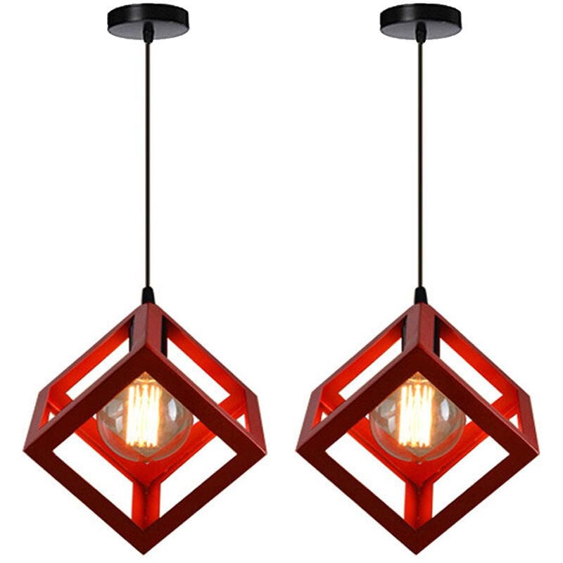 foto del prodotto 2x lampada a sospensione, creativo lampada da soffitto in ferro, illuminazione con cubo gabbia per cucina sala da pranzo rosso 