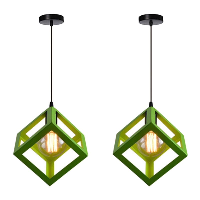 foto del prodotto 2x lampada a sospensione, creativo lampada da soffitto in ferro, illuminazione con cubo gabbia per cucina sala da pranzo verde 