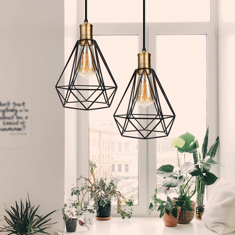 foto del prodotto 2x lampada a sospensione, lampadario da soffitto in metallo con bronzo attacco e27, vintage illuminazione con 20cm gabbia di diamante per soggiorno