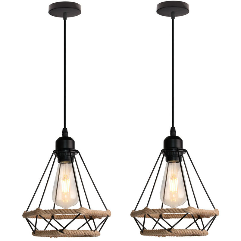 foto del prodotto 2x lampada a sospensione, vintage lampada da soffitto in corda di canapa, plafoniere con 20cm gabbia di diamante nero 