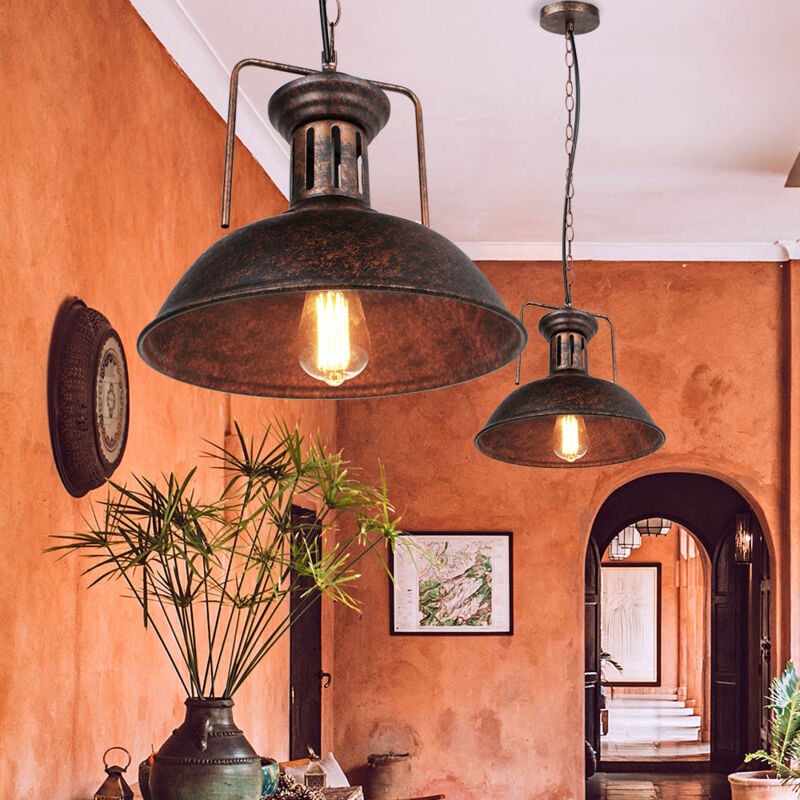 foto del prodotto 2x lampada a sospensione, vintage lampadario da soffitto con ø33cm paralume in ferro, industriale stile cupola illuminazione edison e27 per corridoio cucina isaland camera da letto scala (ruggine)