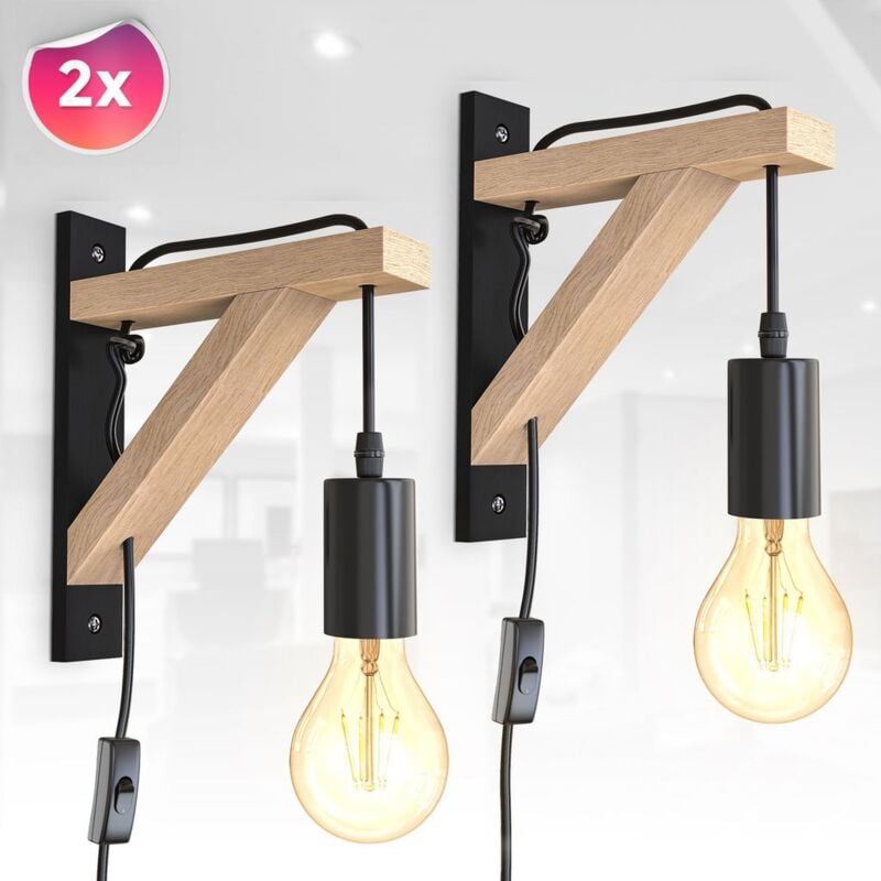 foto del prodotto 2x lampada da parete a led lampada industriale in metallo e legno retr vintage nero cavo e27