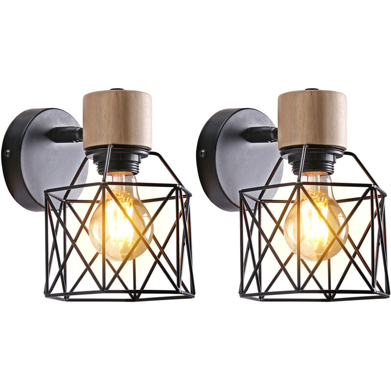 foto del prodotto 2x lampada da parete interni, industriale stile applique in metallo e legno, illuminazione da parete gabbia cubo regolabile 180 per soggiorno camera