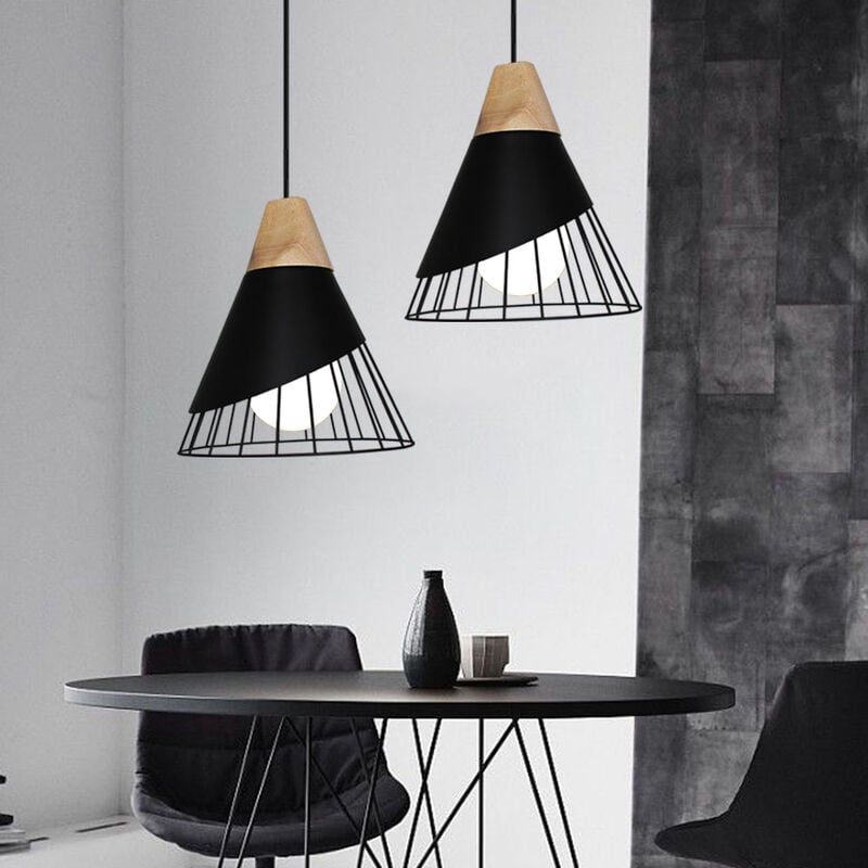 foto del prodotto 2x lampadario a sospensione industriale creativo paralume 25cm a forma di badminton in metallo e legno plafoniera e27 lampada per camera da letto