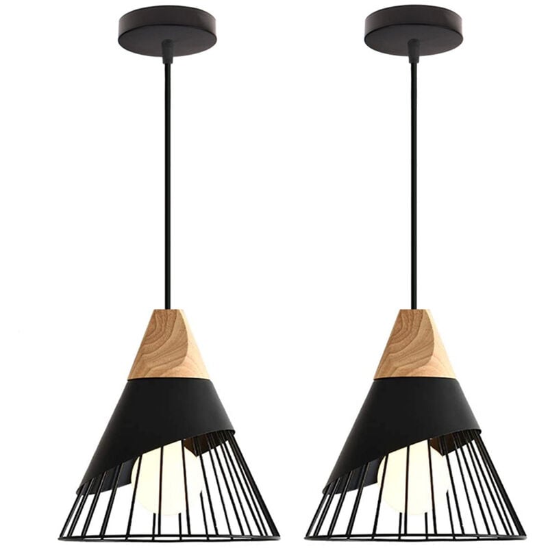 foto del prodotto 2x lampadario a sospensione, vintage lampada da soffitto con paralume in legno e metallo, illuminazione di form a badminton per cucina ristorante