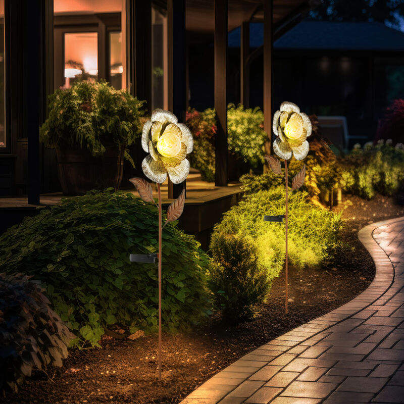 foto del prodotto 2x lampade a spina solare a led fiori decorazione del giardino picchi di terra luci del cortile ruggine d argento